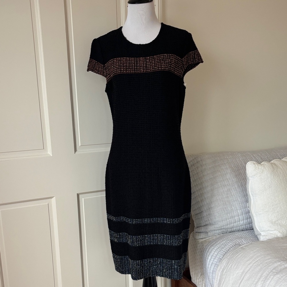 St. John Knits Wool Blend Black Cap Sleeve Boucle Midi Dress